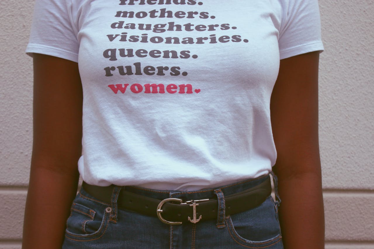 HOME Close-up of a t-shirt celebrating women