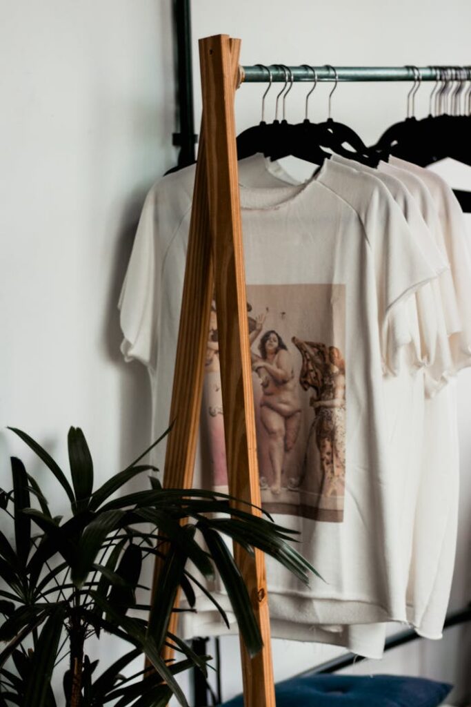 pexels photo 2112651 Stylish indoor clothing rack featuring white t-shirts with classical art prints in a minimalist setting.