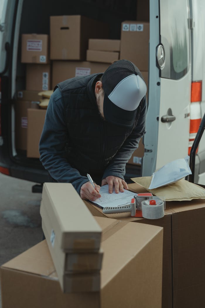 About Courier organizing packages from a van, preparing for delivery in a logistics setting.